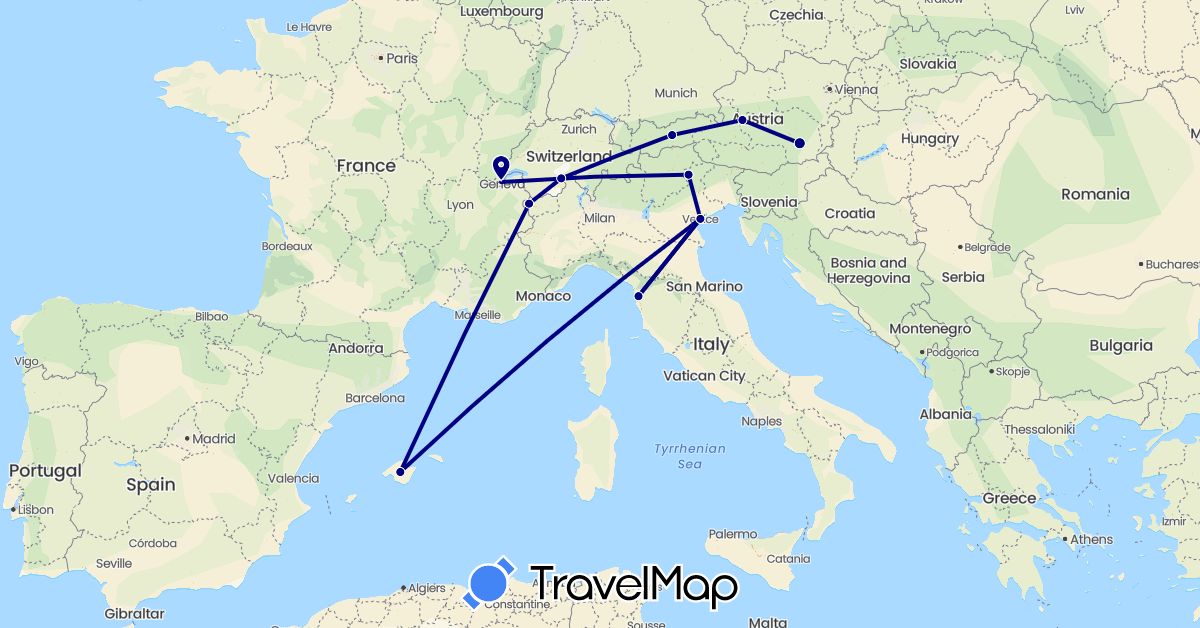 TravelMap itinerary: driving in Austria, Switzerland, Spain, Italy (Europe)